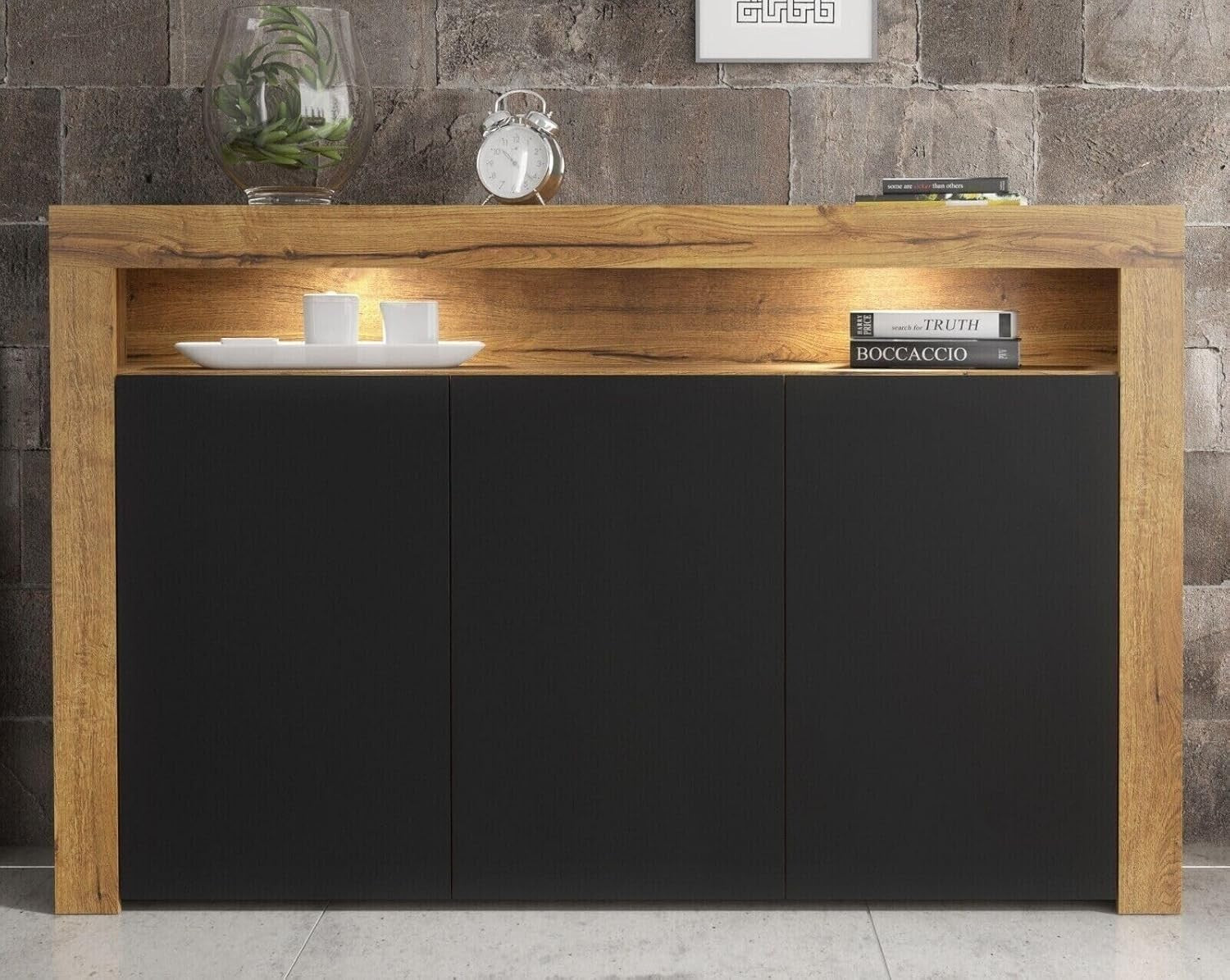 Modern 155cm Sideboard Dark Oak Black Matt Doors LED Storage Cabinet
