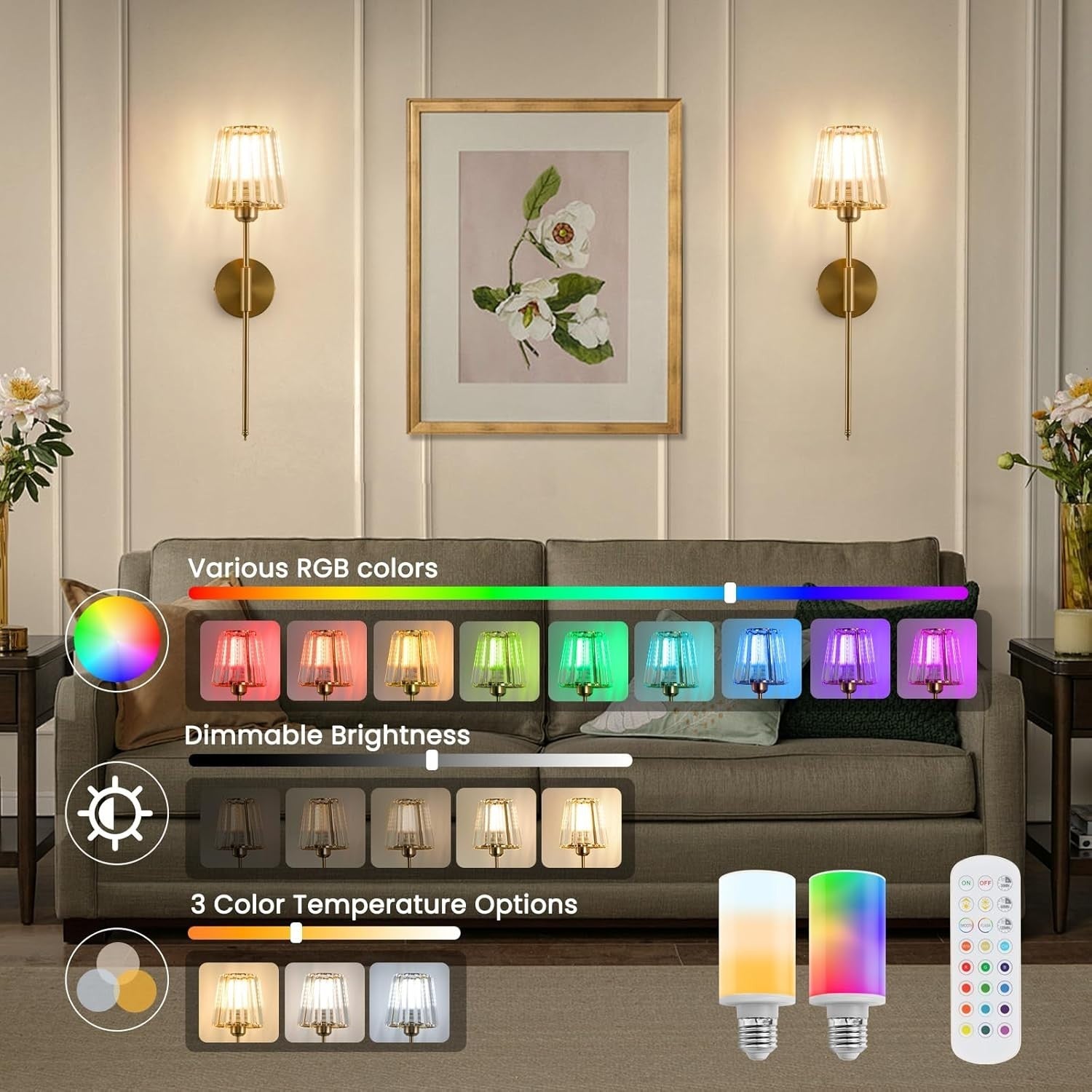 Gold Crystal Wall Sconces Set of 2 Battery Powered RGB Lights with Remote