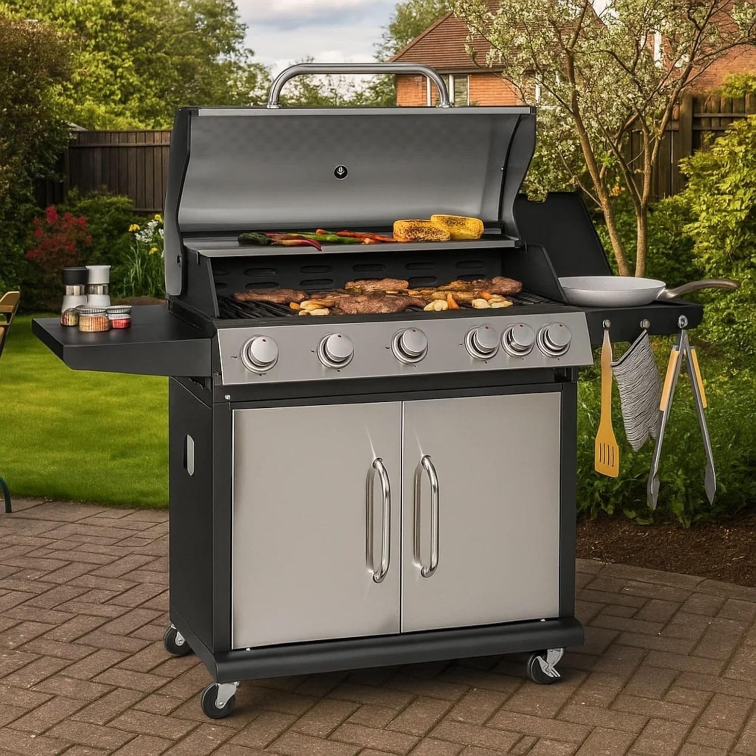 5 Burner Gas BBQ with Side Burner Cast Iron Cooking Grid Outdoor Garden Grill