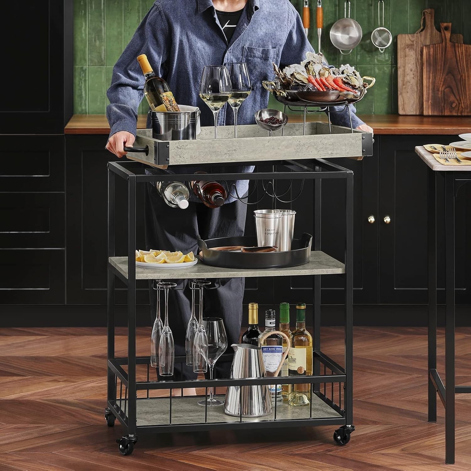 3 Tier Serving Trolley Wine Rack Glass Holder Rolling Cart