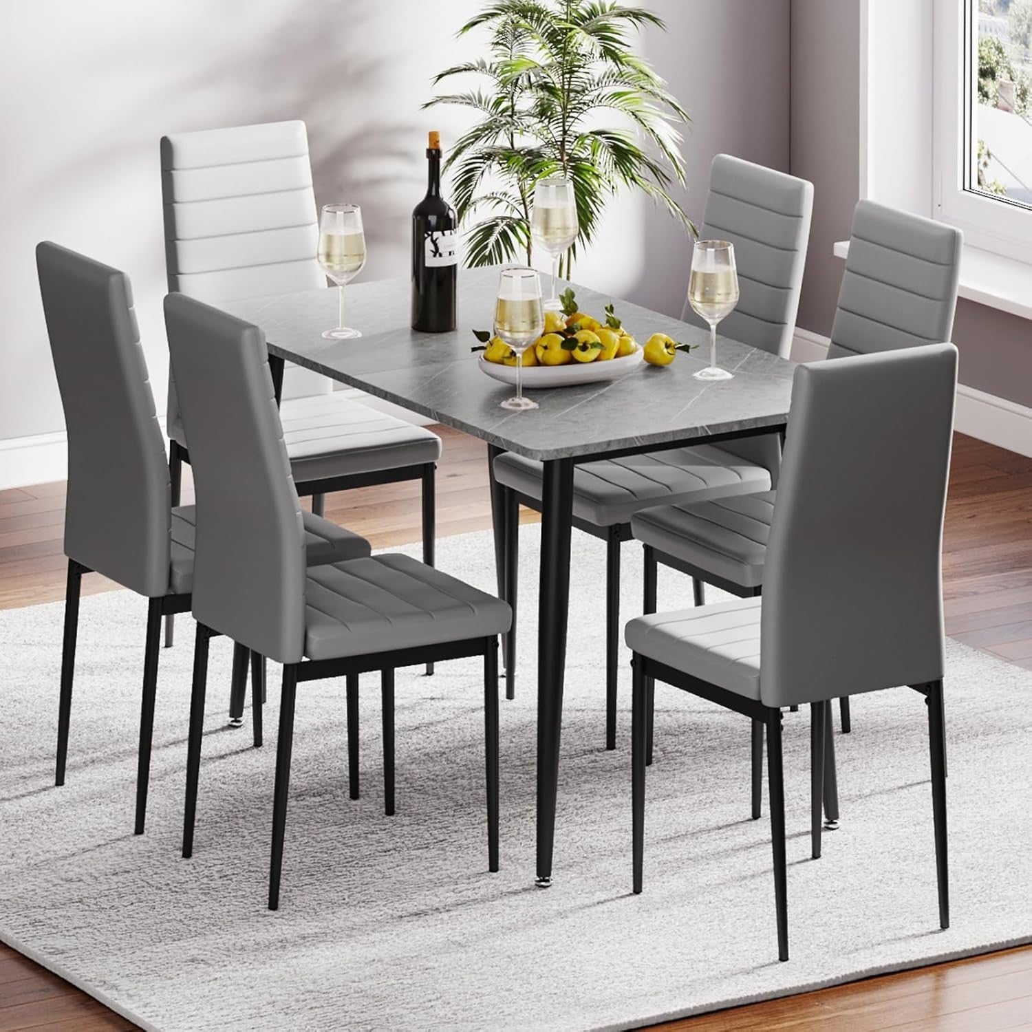 6 Seater Marble Effect Dining Table Set Faux Leather Chairs Modern