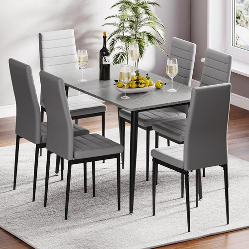 6 Seater Marble Effect Dining Table Set Faux Leather Chairs Modern