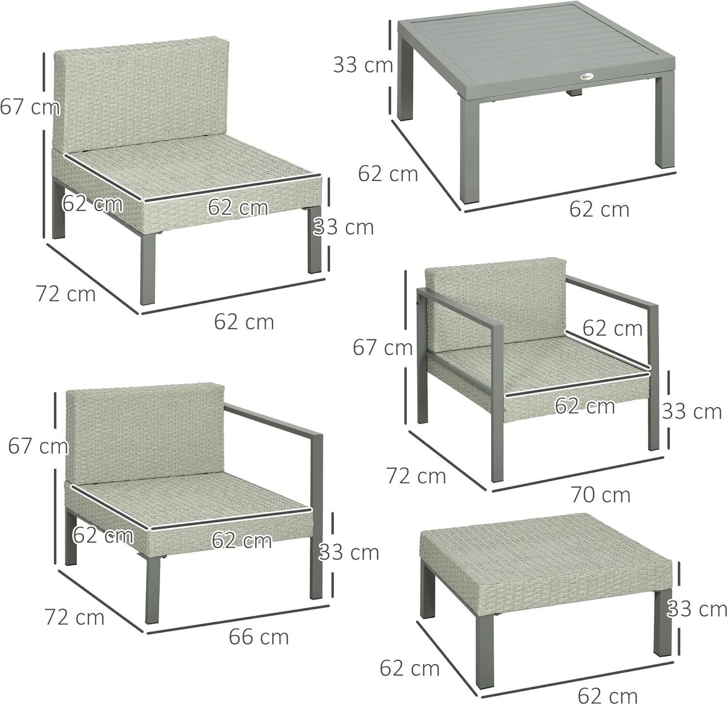 6pc Light Grey Rattan Sofa Set Table Chairs Footstool Garden Patio Set