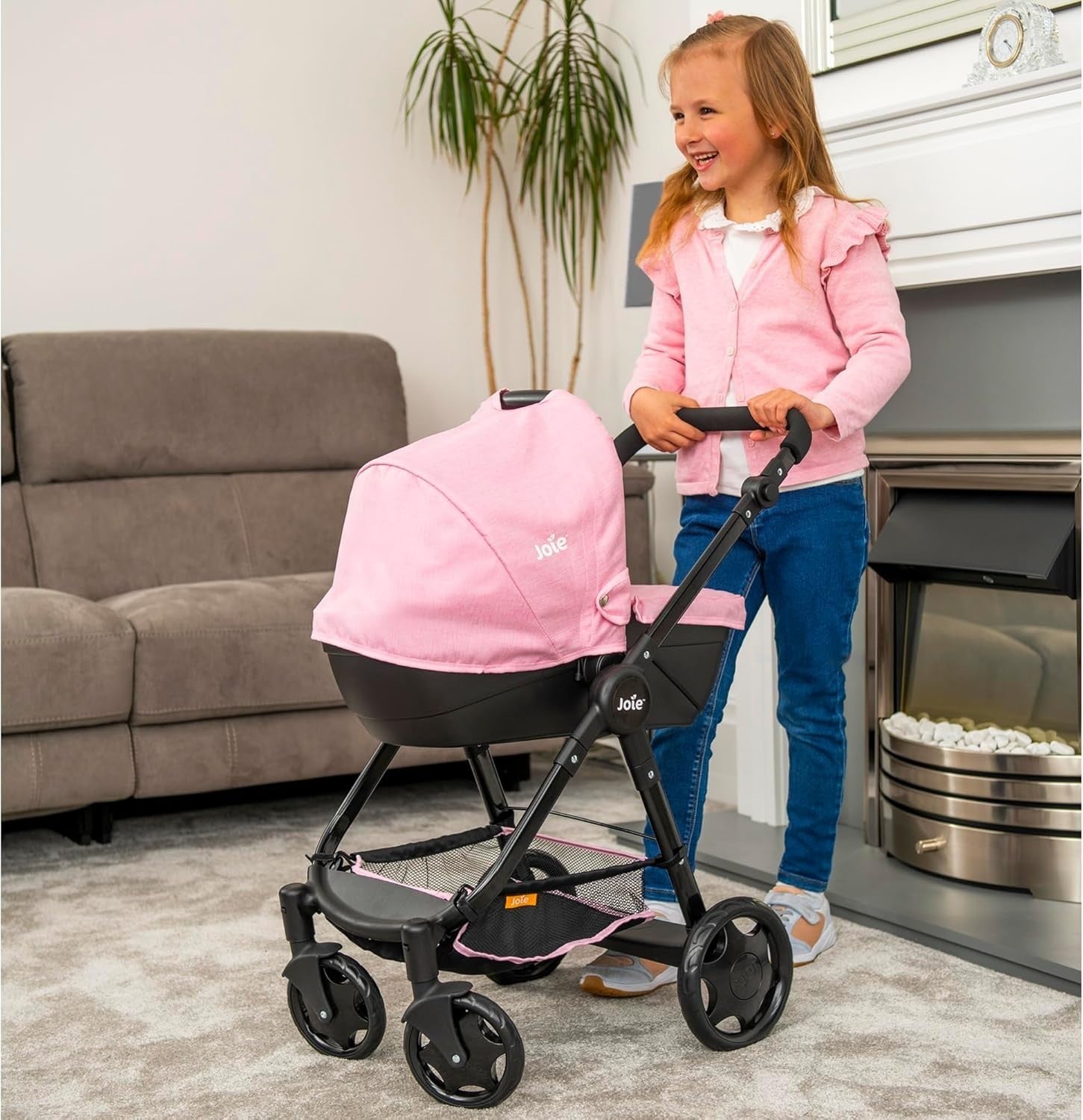 Dolls Pram with Detachable Carrycot, Adjustable Handle, Storage, 3+