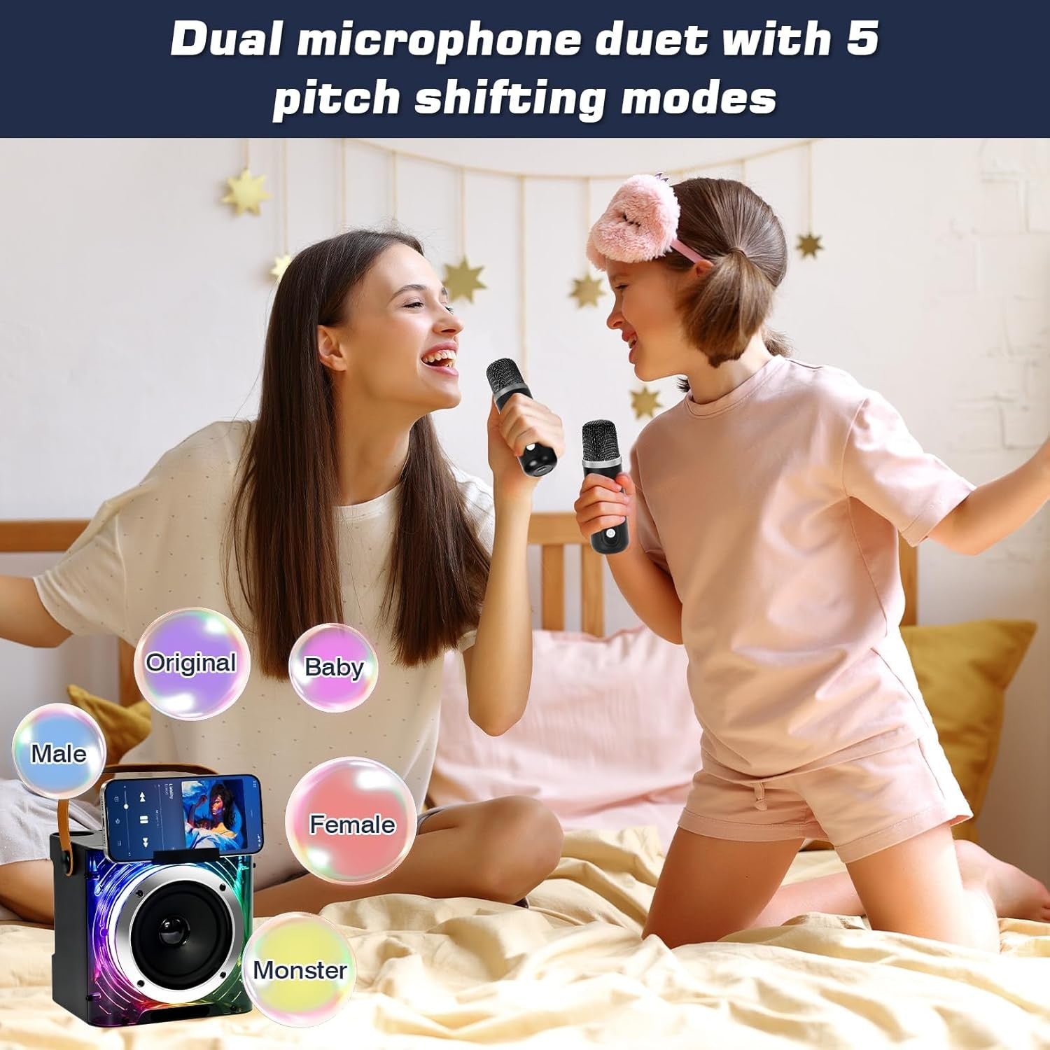 Portable Bluetooth Karaoke Machine with 2 Wireless Mics LED Lights