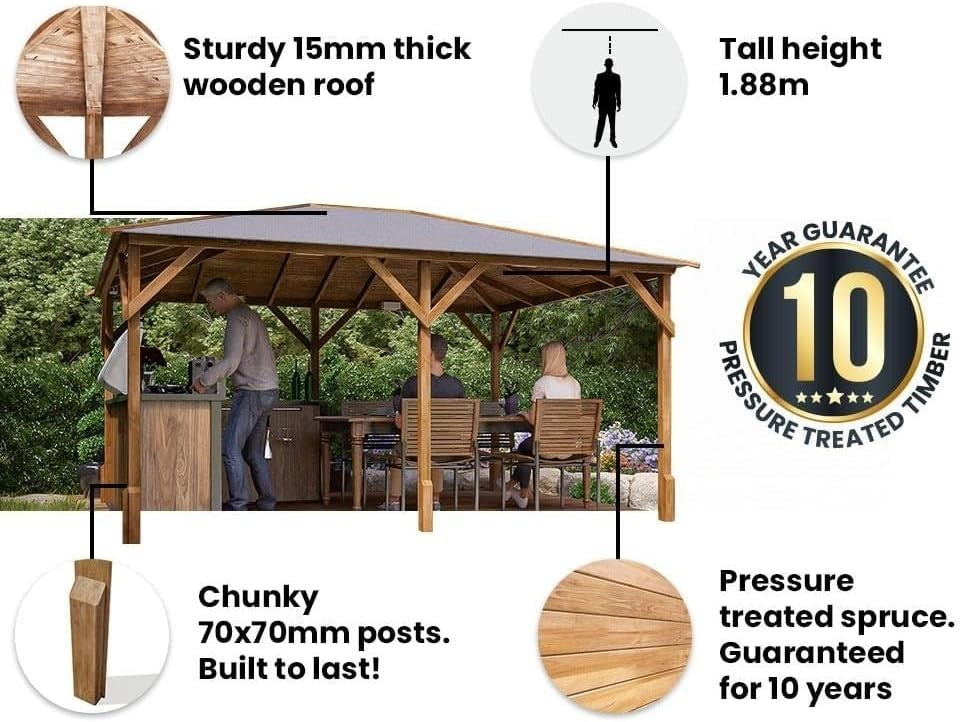 4x3M Wooden Garden Gazebo Heavy Duty Shelter Pressure-Treated Spruce