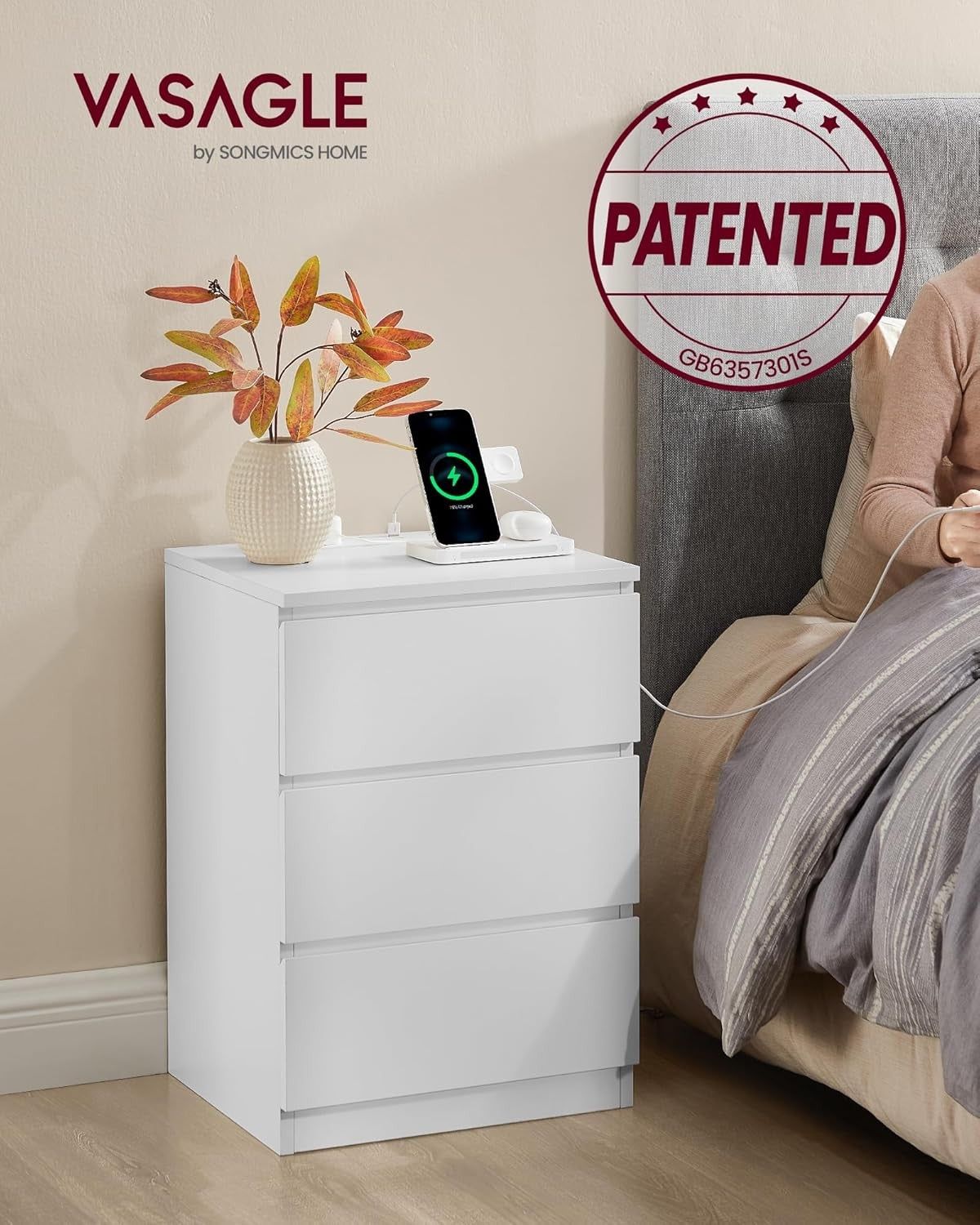 Modern Bedside Table with Charging Station, 3 Drawers, USB & AC Ports, White