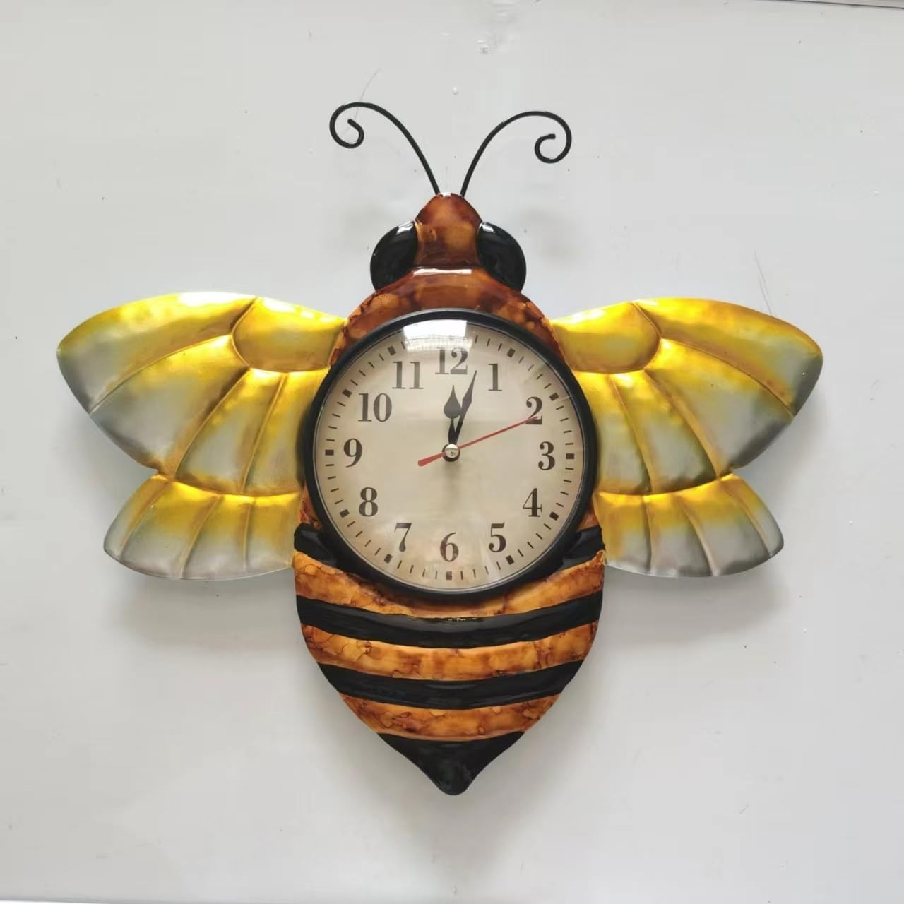 Bee Wall Clock Outdoor Indoor Honeybee Art Decor Yellow Metal