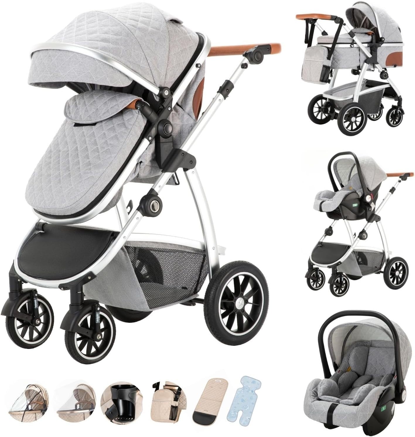 3-in-1 Baby Stroller Travel System Pushchair Car Seat Adjustable Light Grey