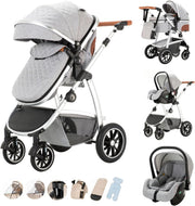 3-in-1 Baby Stroller Travel System Pushchair Car Seat Adjustable Light Grey