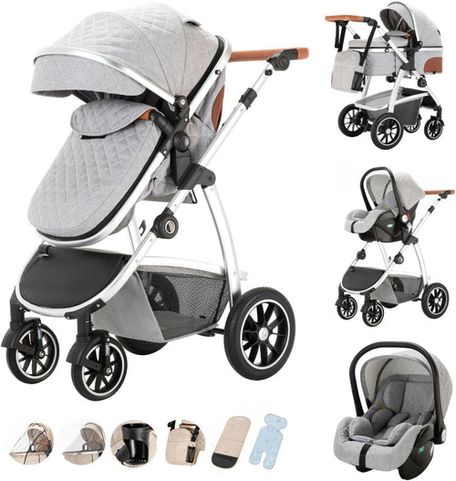 3-in-1 Baby Stroller Travel System Pushchair Car Seat Adjustable Light Grey