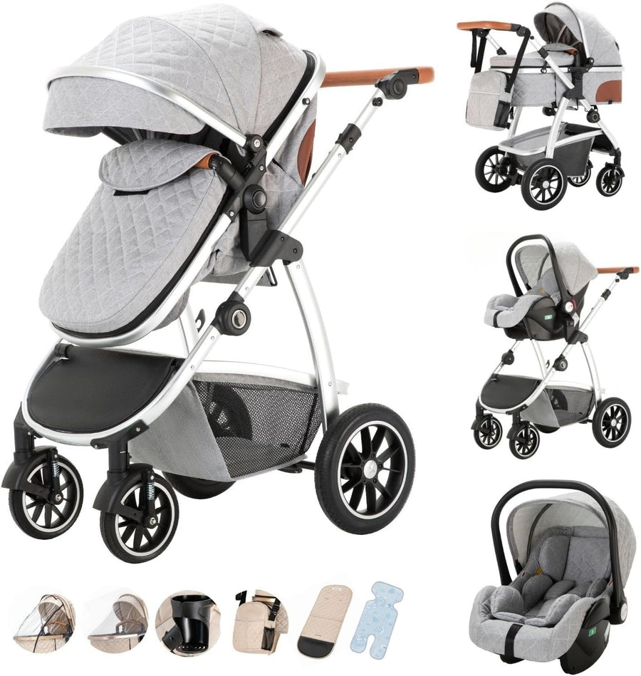 3-in-1 Baby Stroller Travel System Pushchair Car Seat Adjustable Light Grey
