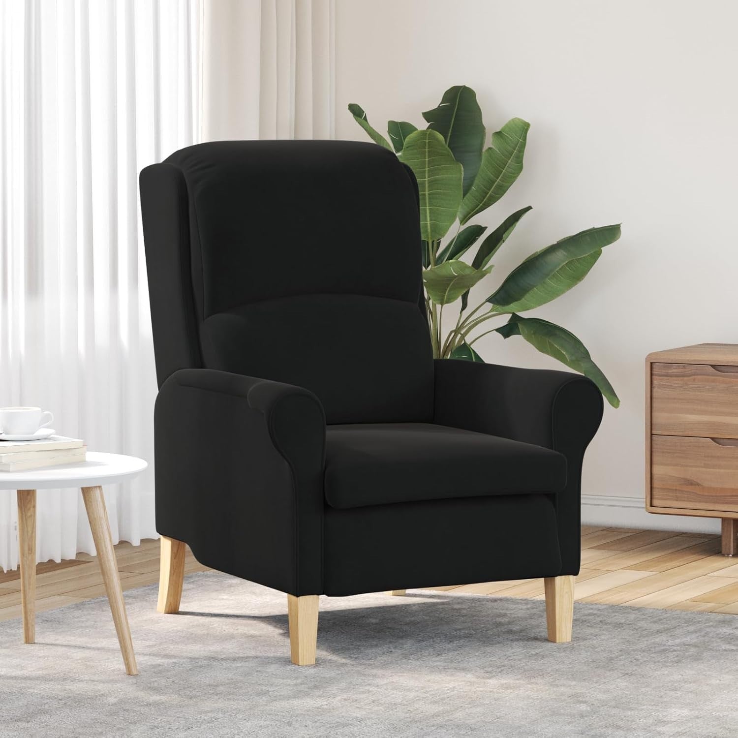Black Fabric Armchair Ergonomic Lounge Chair Soft Seat Wooden Legs
