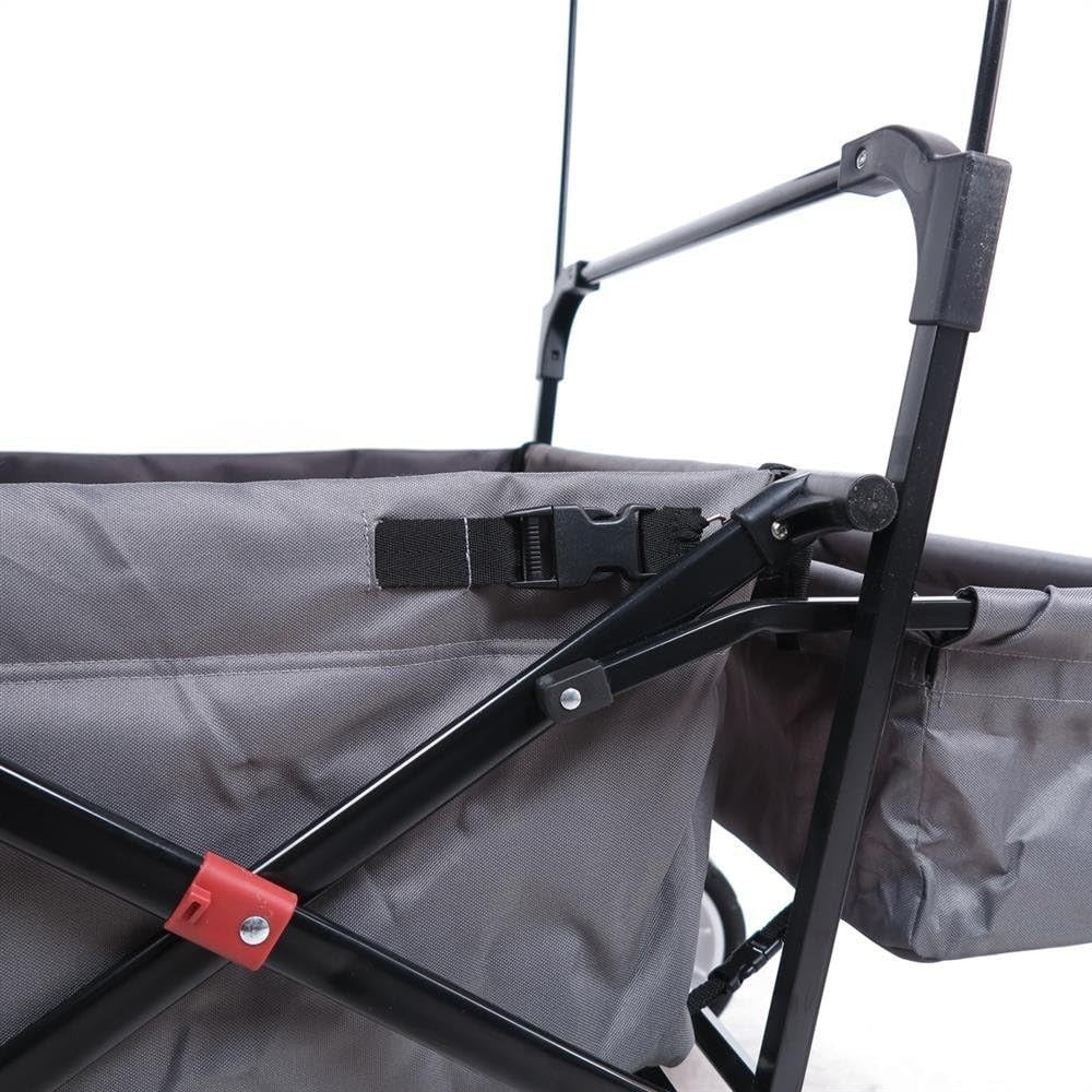 Grey Folding Wagon w/ Canopy Compact Pull Cart Garden Trolley w/ Rear Bag