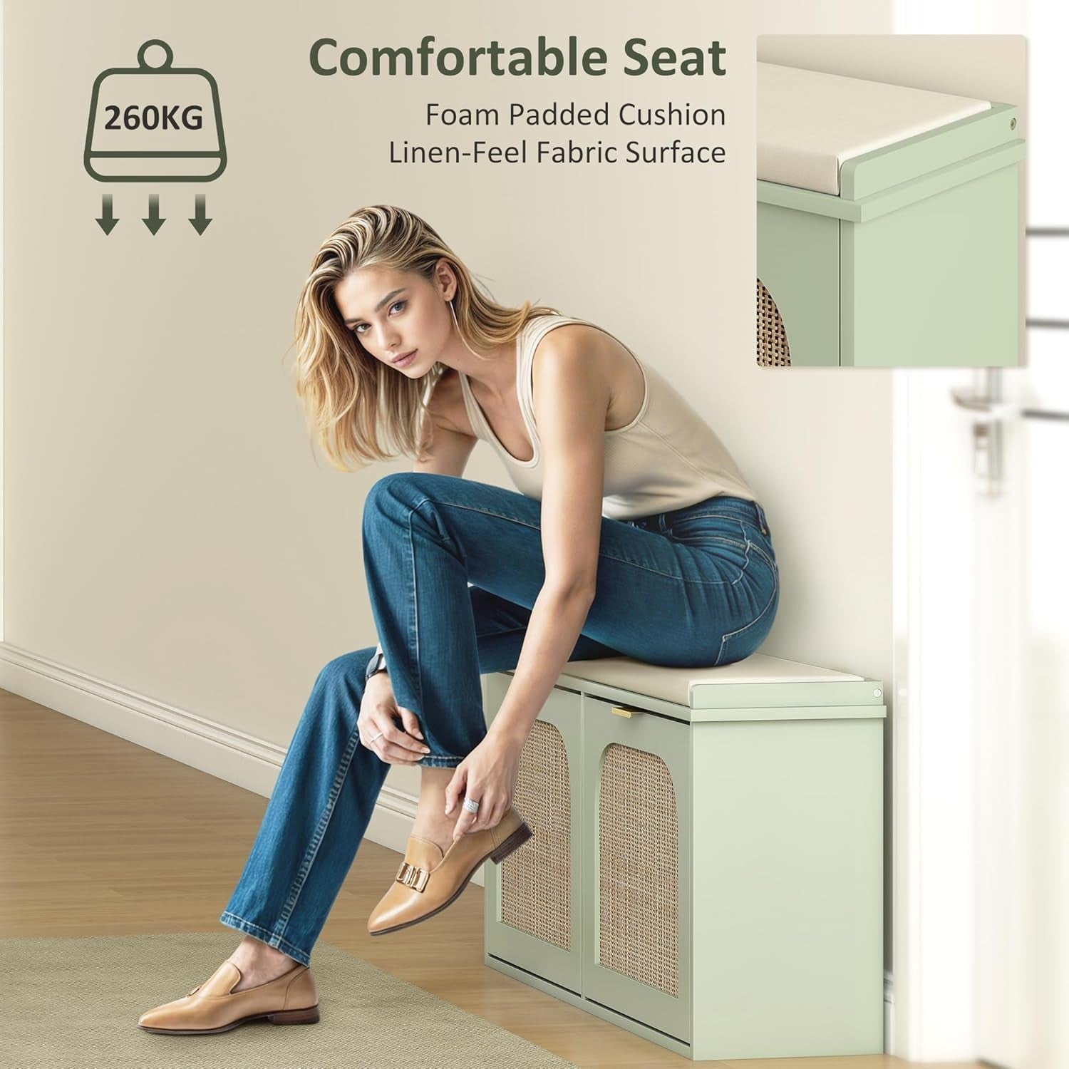 Compact Boho Shoe Bench with 2 Flip Drawers & Padded Seat, Holds 10 Pairs