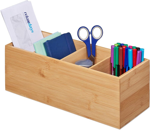 Bamboo Desk Organizer Box 4 Compartments Office Kitchen Storage 35cm