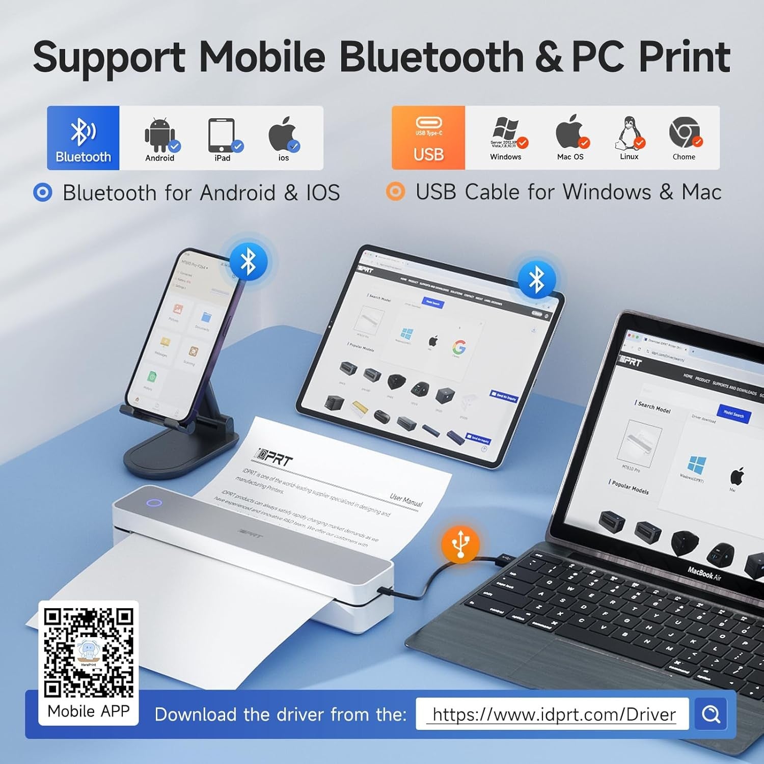iDPRT Bluetooth Thermal Printer Wireless Inkless Portable A4 Mobile Printer