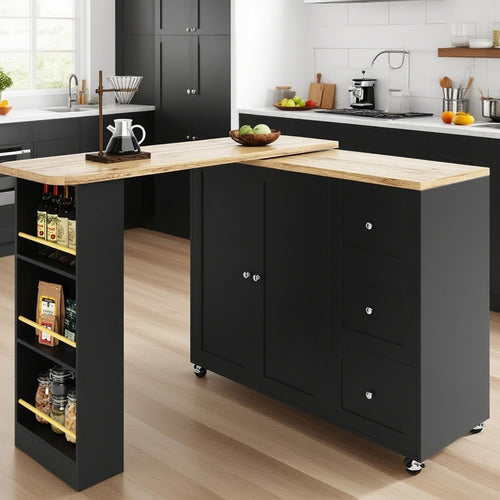 360° Swivel Kitchen Island Table with 3 Drawers, Extendable & Mobile