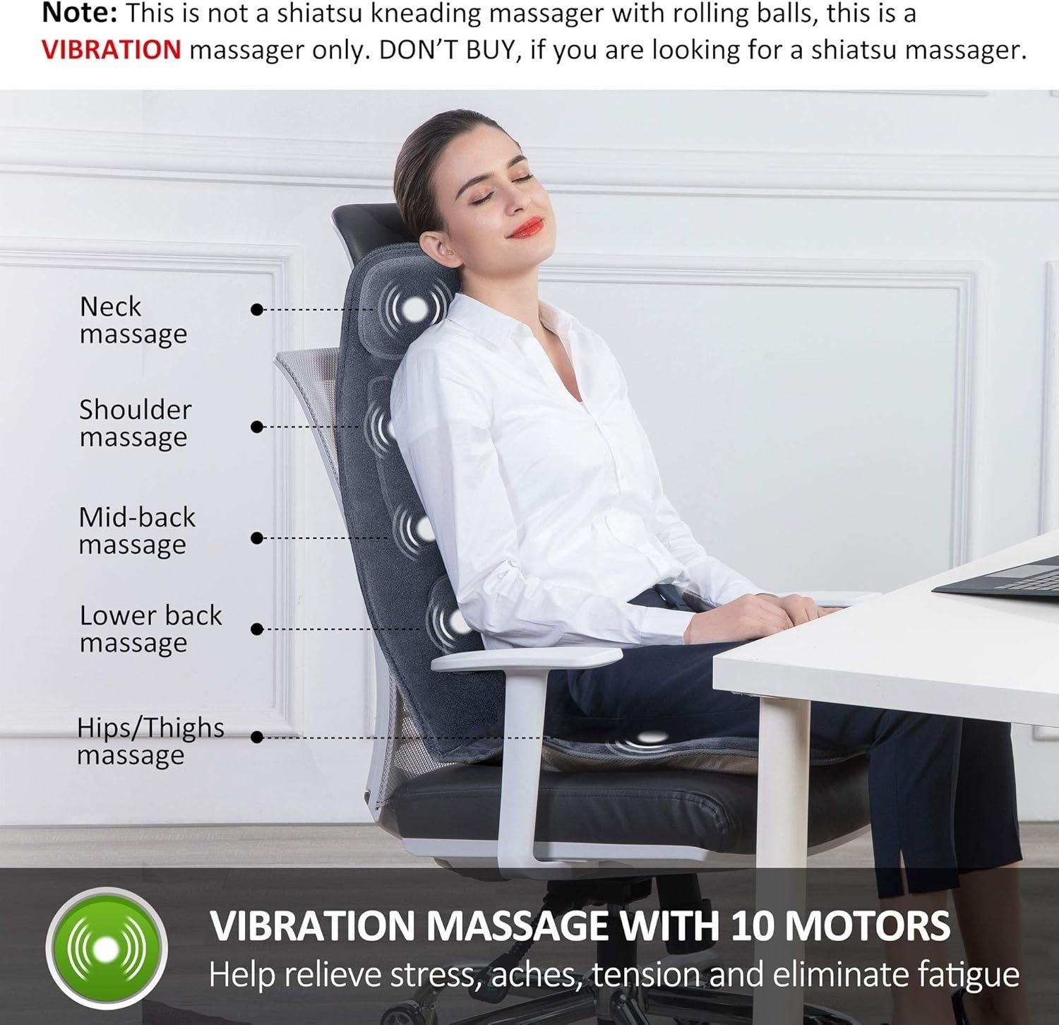 Vibration Back Massager Seat Pad with Heat 10 Motors Memory Foam Support Blue