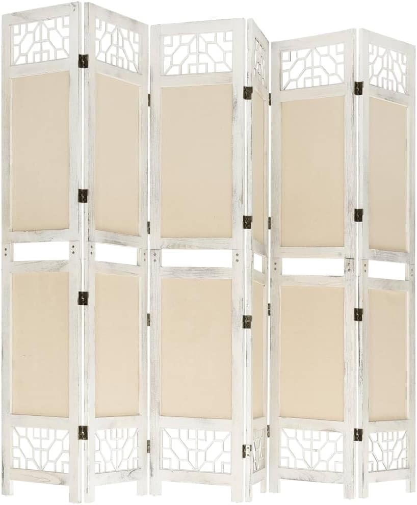6 Panel Folding Room Divider 210x165cm Cream Wood Privacy Screen