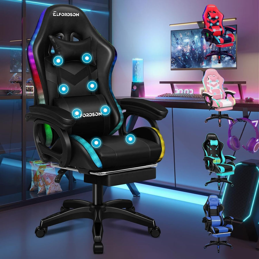 Gaming Chair LED Light RGB Racing Office Desk PC Chair Faux Leather 180KG Black