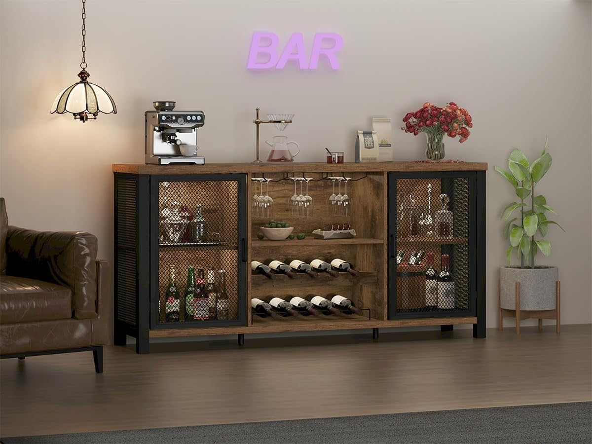 Rustic Industrial Bar Sideboard Cabinet with Wine Rack Glass Storage 140cm