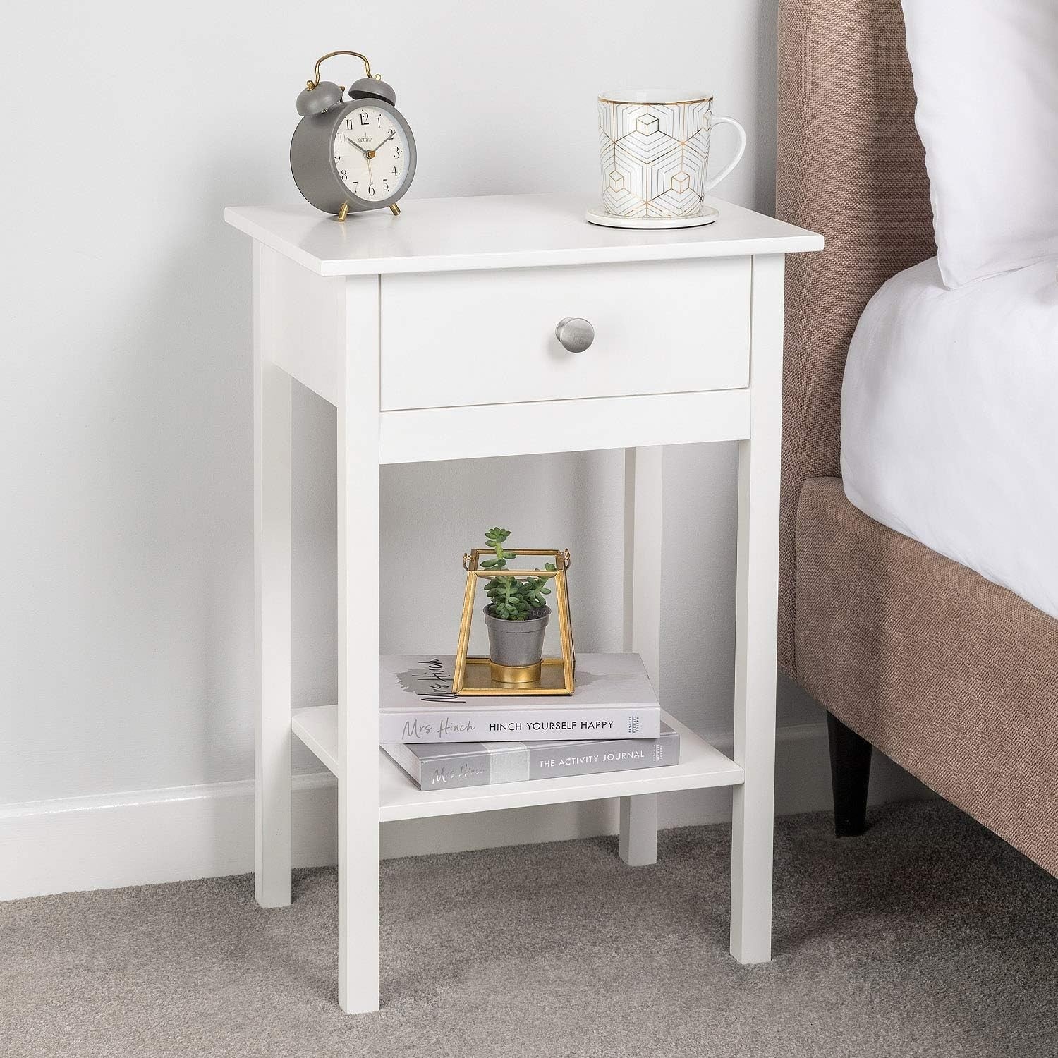 Set of 2 White Bedside Tables with Drawer & Shelf, Wooden Nightstands 60x40x30cm