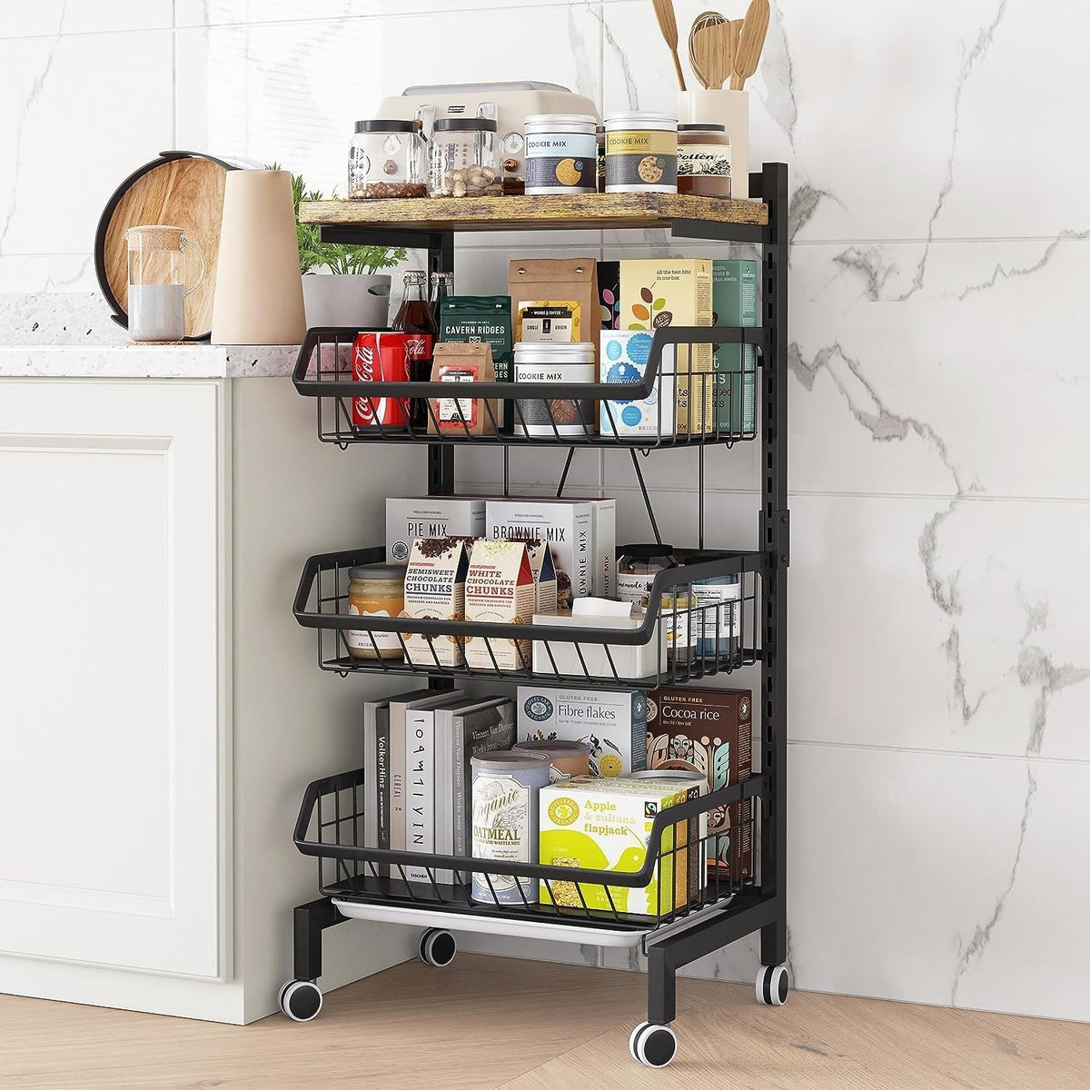 4 Tier Rolling Kitchen Trolley Vegetable Fruit Storage Cart Black