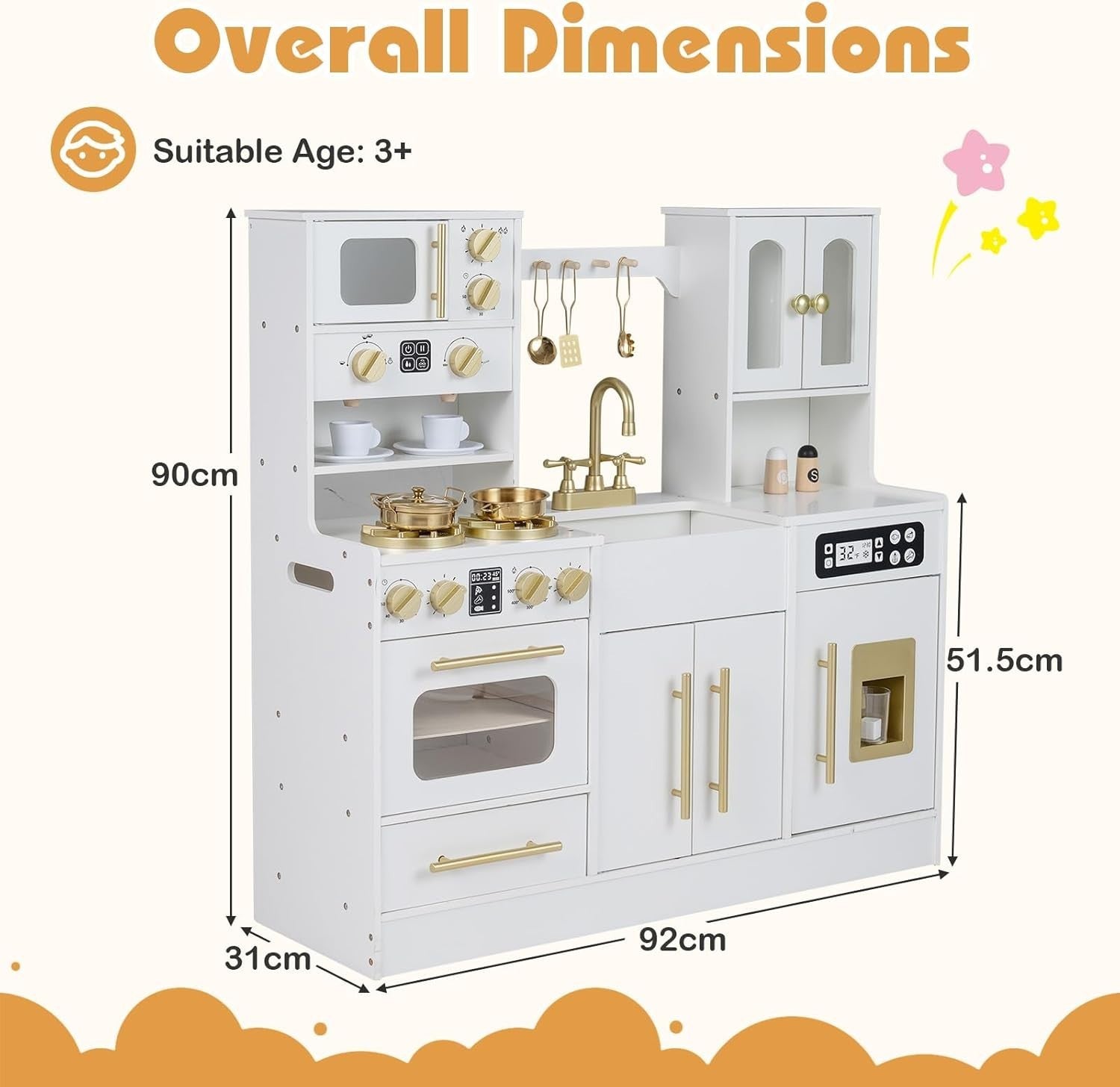 Kids Wooden Play Kitchen w/ Lights Sounds Ice Maker White Set