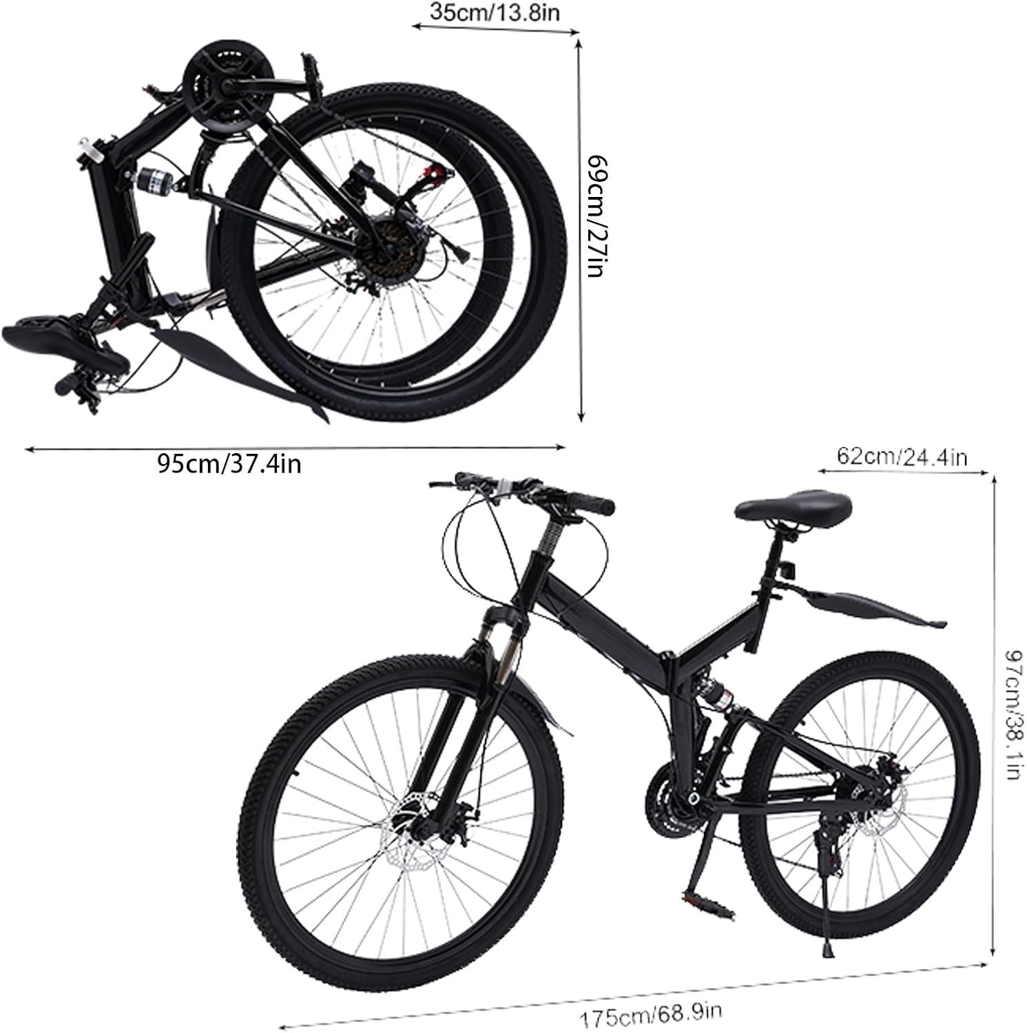 26" Folding Mountain Bike 21 Speed Disc Brakes Carbon Steel Frame Mudguard