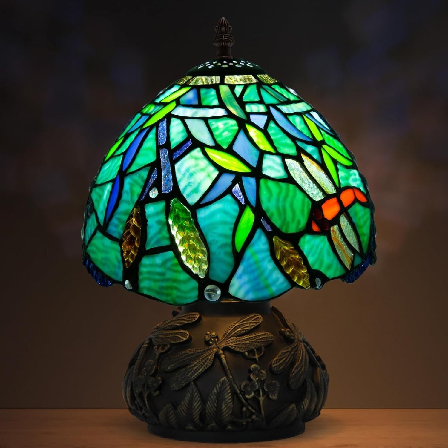 Small Tiffany Stained Glass Desk Lamp 8x8x11in 3 Color Temps Dragonfly Base