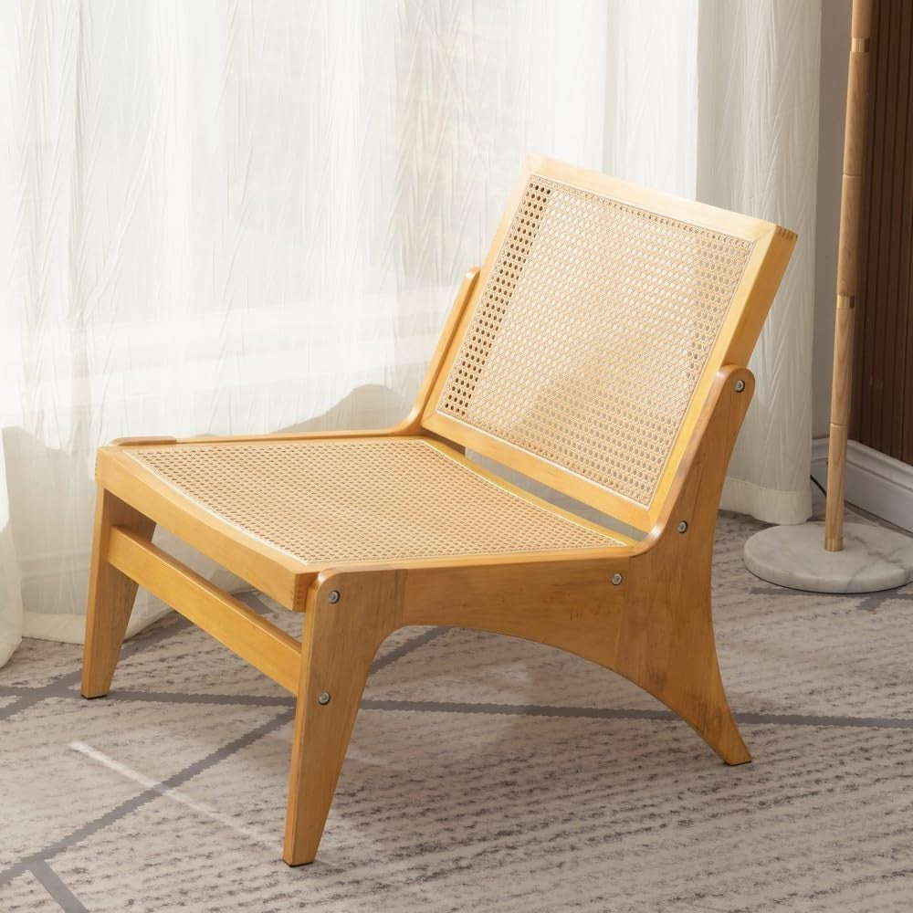 Rattan Accent Lounge Chair Natural Wood Frame Armchair for Living Room