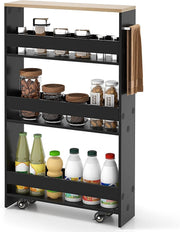 Slim 4 Tier Rolling Storage Cart Narrow Utility Trolley Black Natural