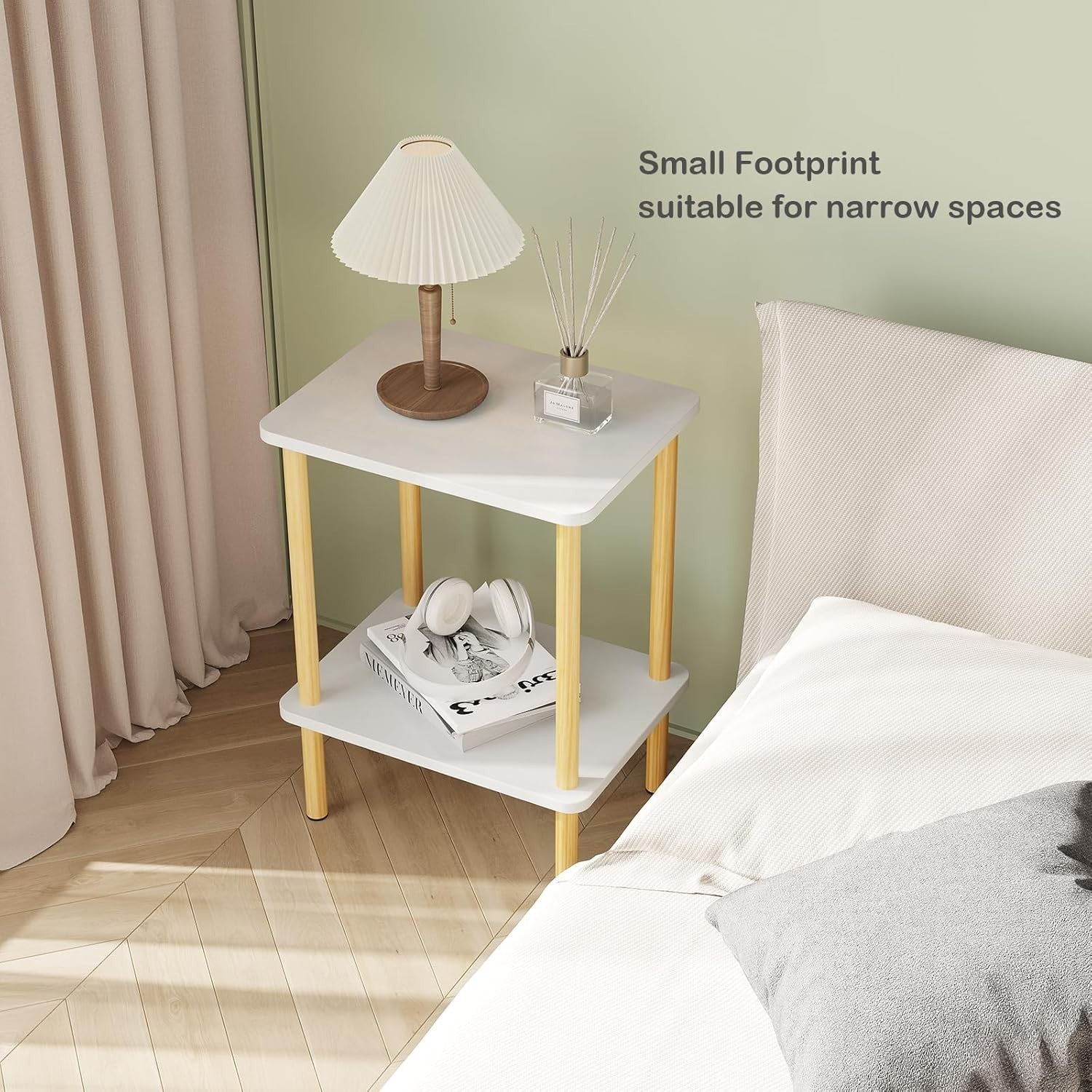 White & Oak Narrow Bedside Table – 2-Tier Side Table with Shelf, No-Tool Setup