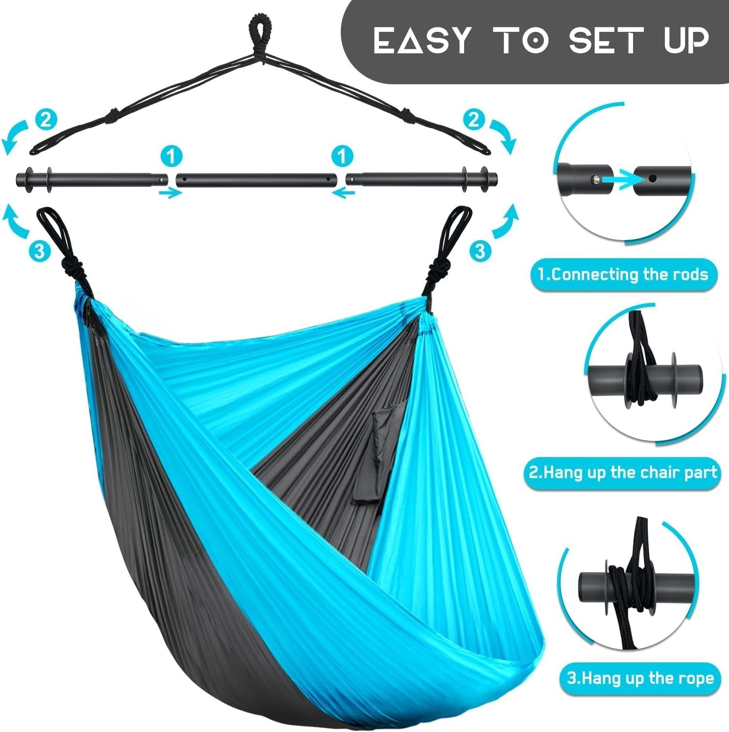 Portable Hammock Chair Swing, Lightweight Outdoor/Indoor, Max 500lbs Gray. Blue