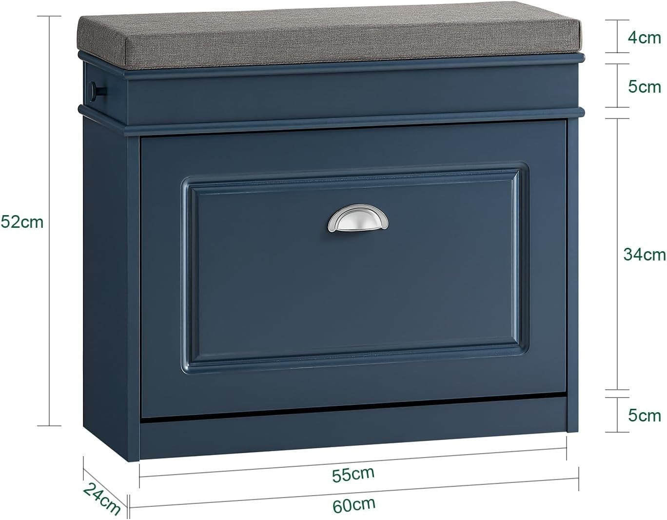Narrow Shoe Storage Bench with Flip Drawer & Blue Cushion, 60x24x52 cm