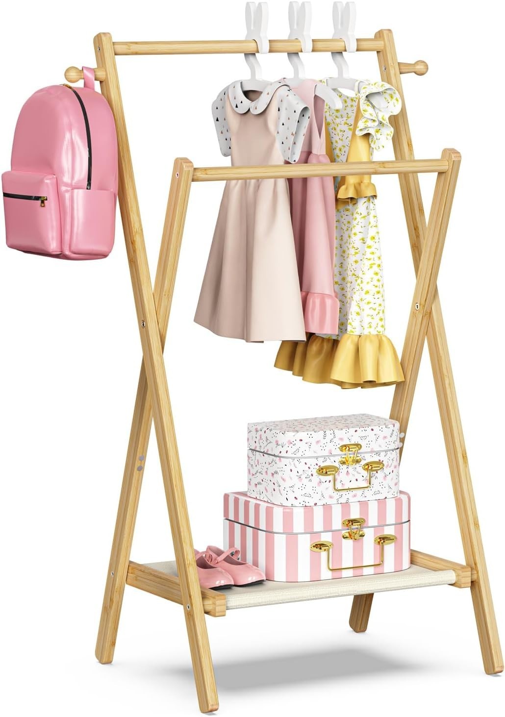 Bamboo Kids Clothing Rack Small Dress Up Rail with Shelf & Double Rods