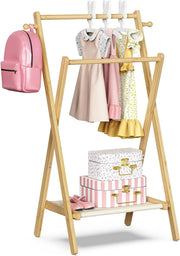 Bamboo Kids Clothing Rack Small Dress Up Rail with Shelf & Double Rods