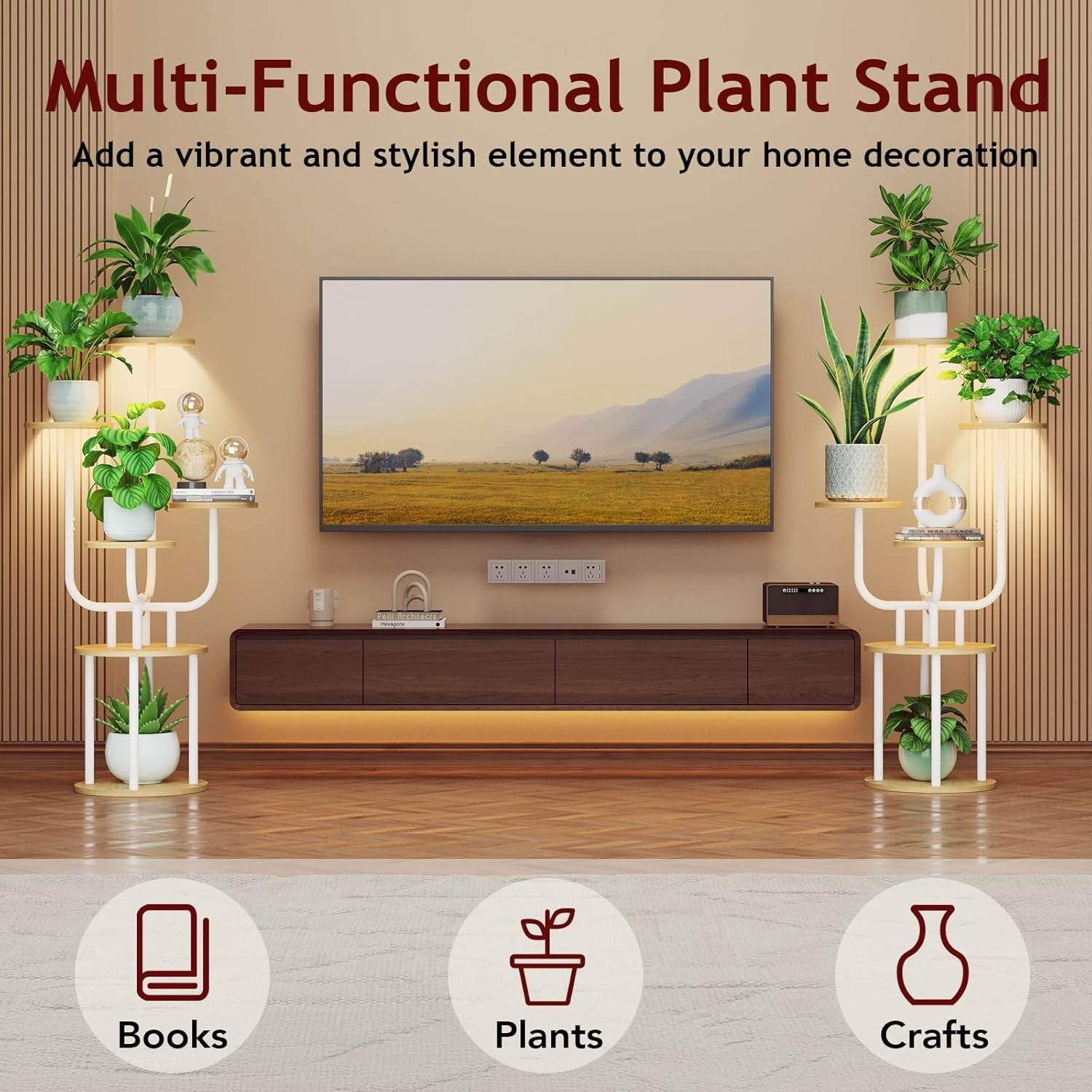 6 Tier Metal Wood Plant Stand White with Grow Light Indoor Corner Shelf Rack
