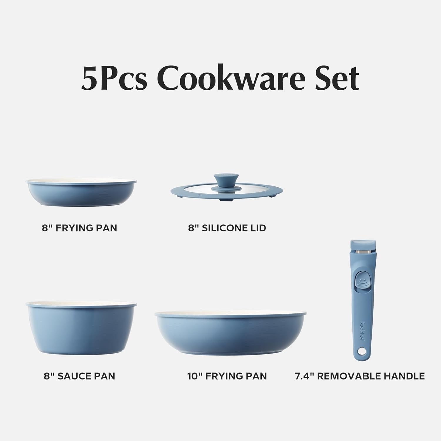5pcs Blue Non Stick Ceramic Cookware Set with Detachable Handle Induction Safe