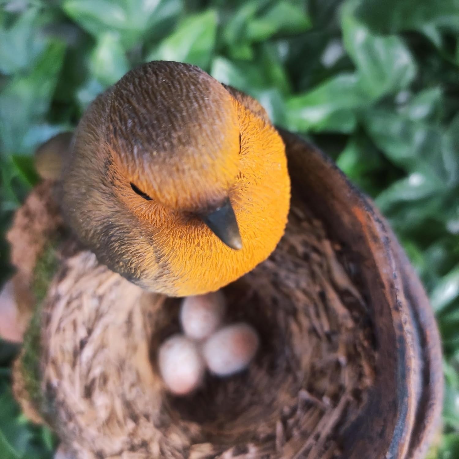 Robin Bird Ornament on Nest with Eggs • Realistic Garden Lawn Decor 16cm