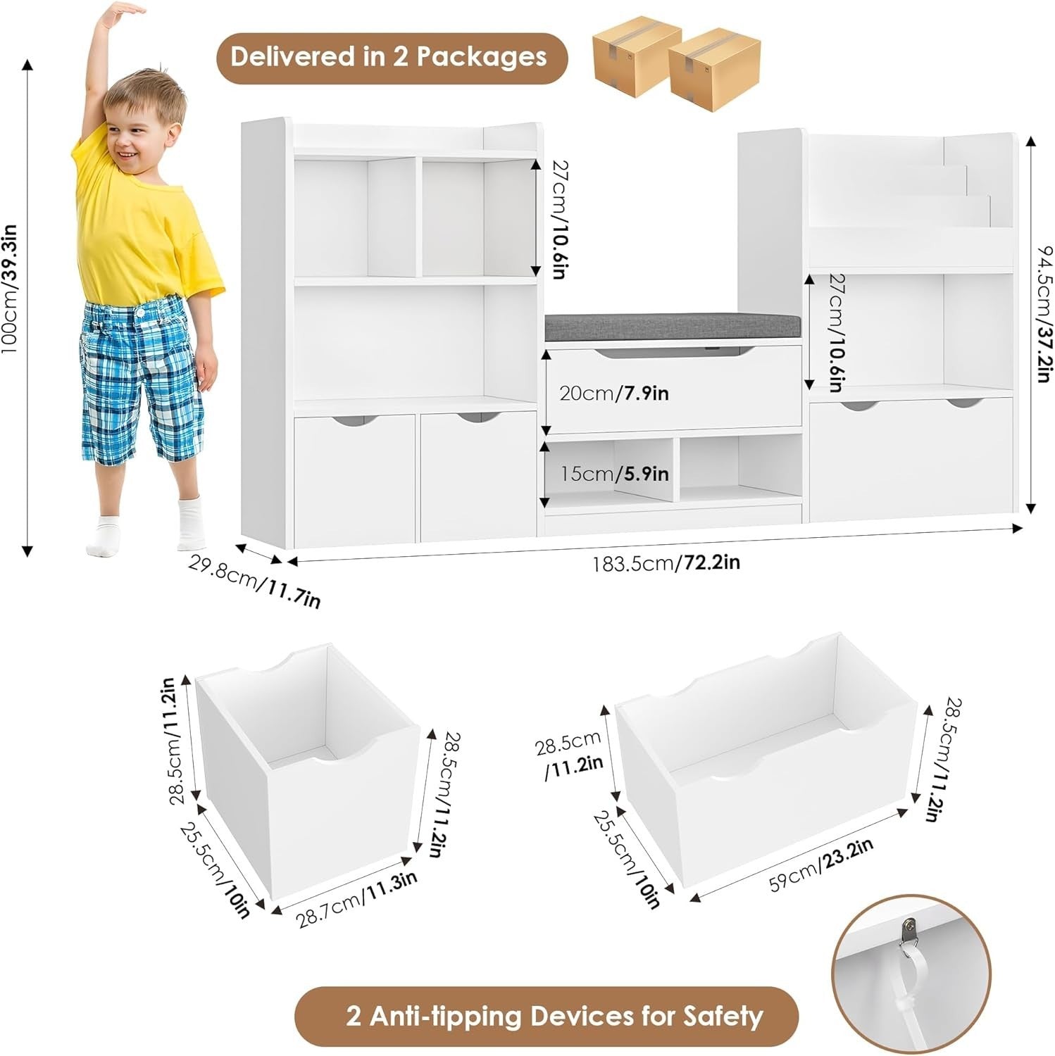 Kids Toy Storage Unit with Bench, 3 Drawers & 7 Shelves – White Organizer