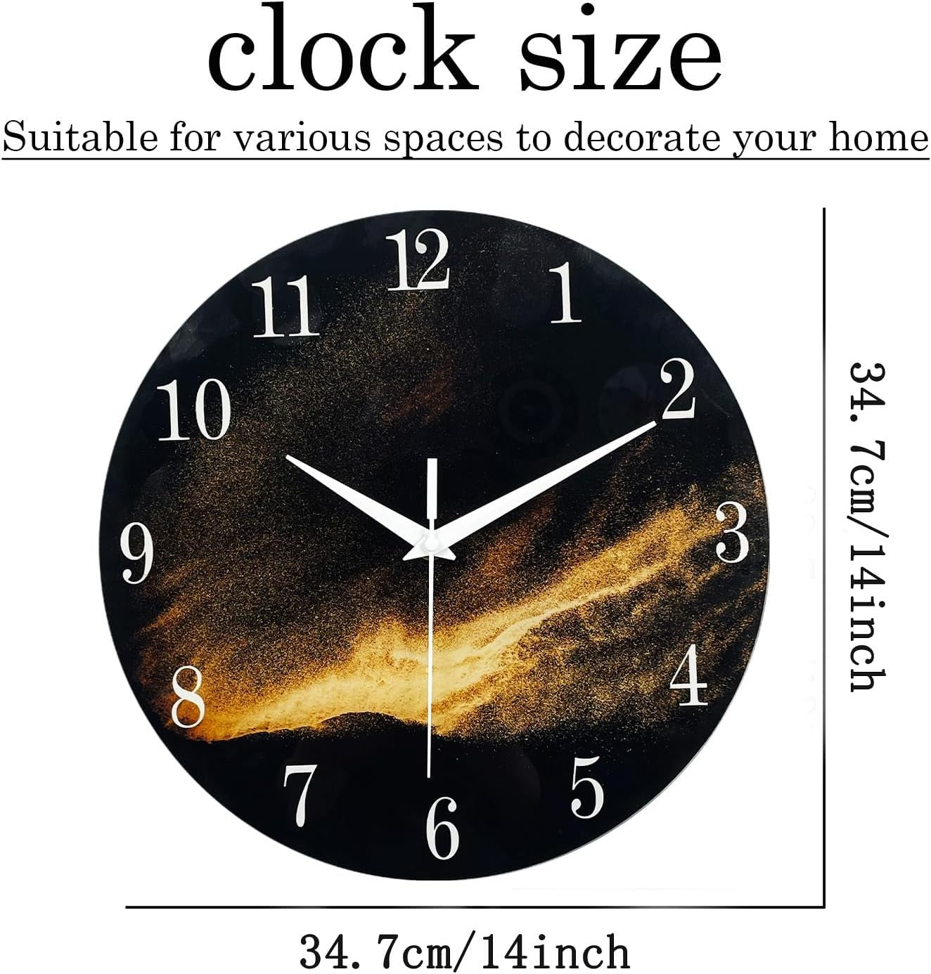 Black Gold 14" Glass Wall Clock Modern Silent Non-Ticking Home Decor