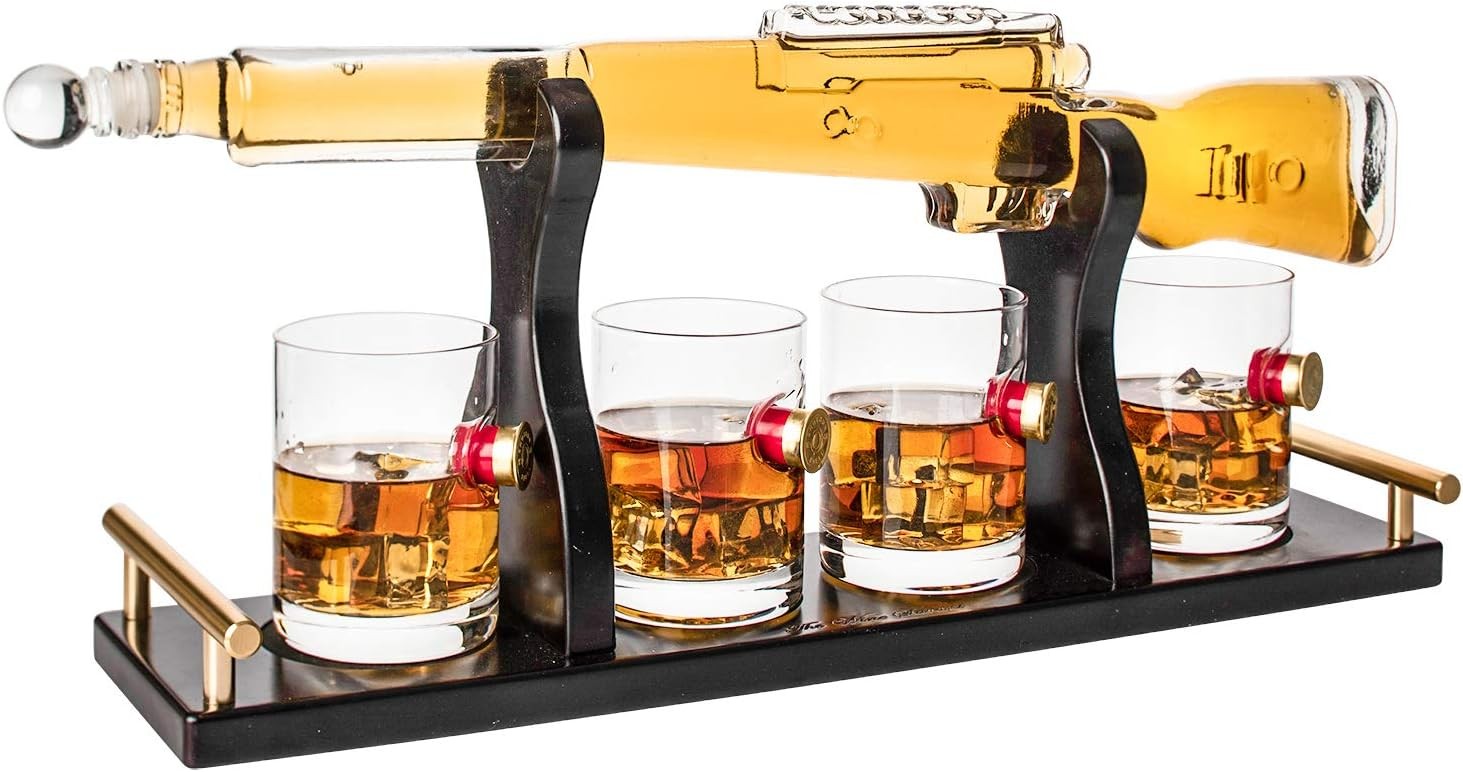 Shotgun Whiskey Decanter Set 1L with 4 Bullet Glasses Display Rack Gift