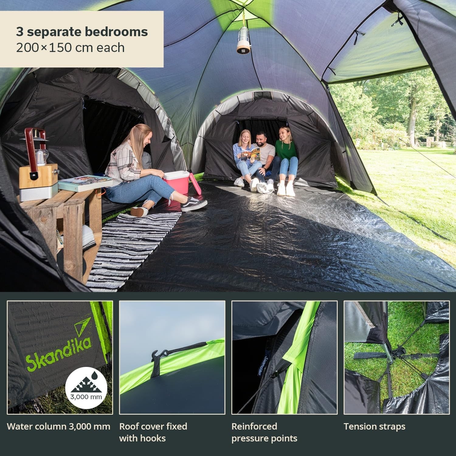 6 Man Family Dome Tent 3000mm Waterproof 3 Cabins Living Area
