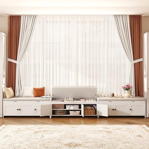 White Shoe Storage Bench with Cushion Seat 3-Door Cabinet & Hidden Compartment