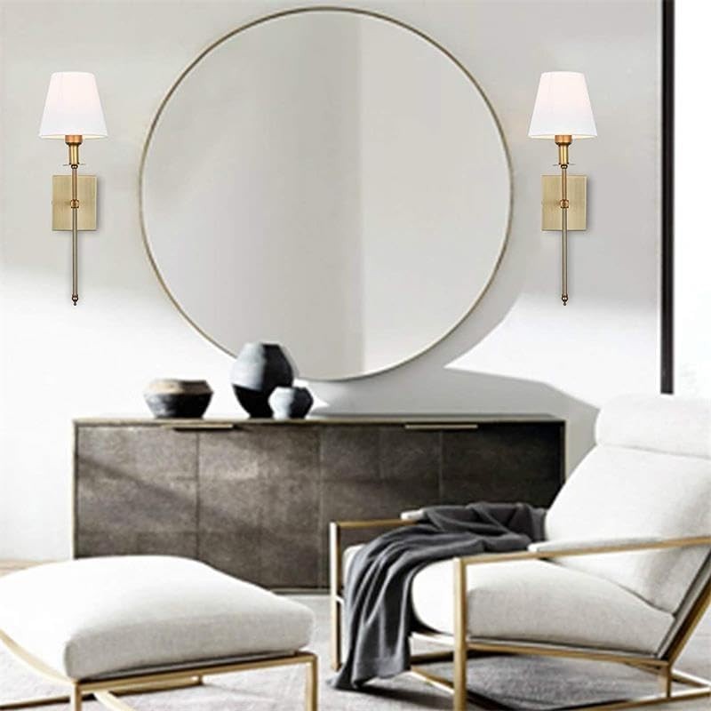 Battery Operated Wall Sconces Set of 2, Brushed Brass, Fabric Shade