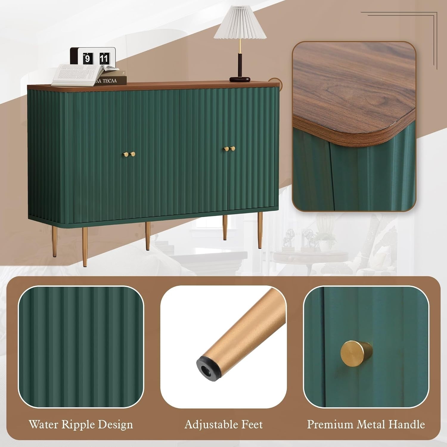 Modern 4-Door Sideboard Buffet Cabinet with Removable Shelves & Gold Legs