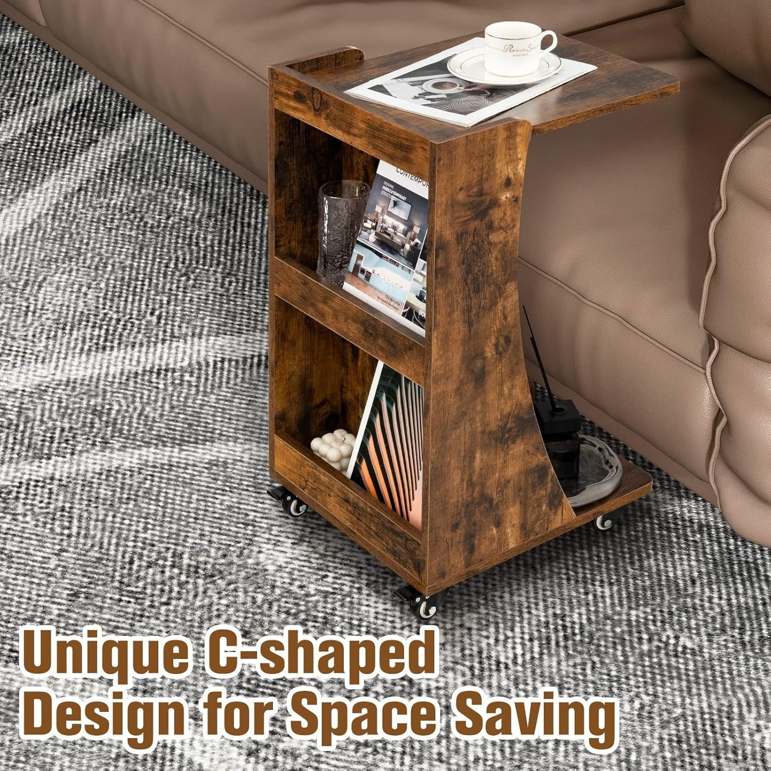 C-Shaped Sofa Side Table with Wheels & Storage – Overbed Snack Coffee Stand