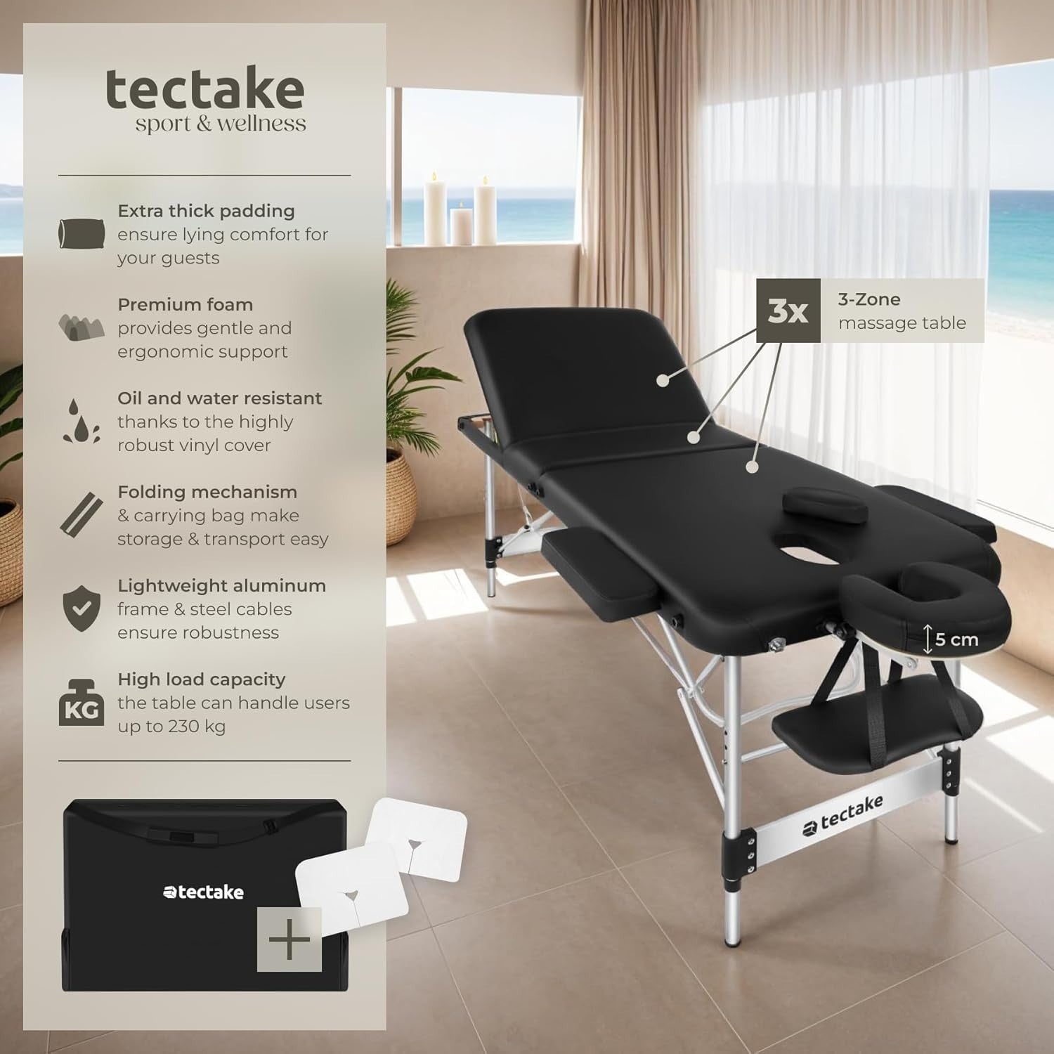 Portable 3 Zone Massage Table Foldable Aluminium Spa Beauty Bed 70cm Black